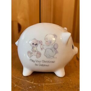 PRECIOUS MOMENTS 1986 May Your Christmas be Delicious Piggy Bank w/stopper